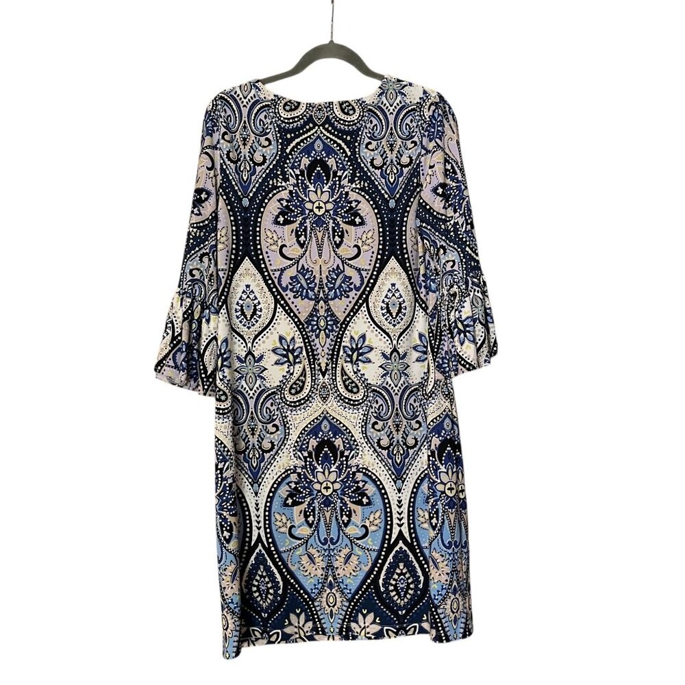 Chico Womens Paisley Blue Printed Jersey Dress Ruffle Sleeve Size Medium - Picture 2 of 5